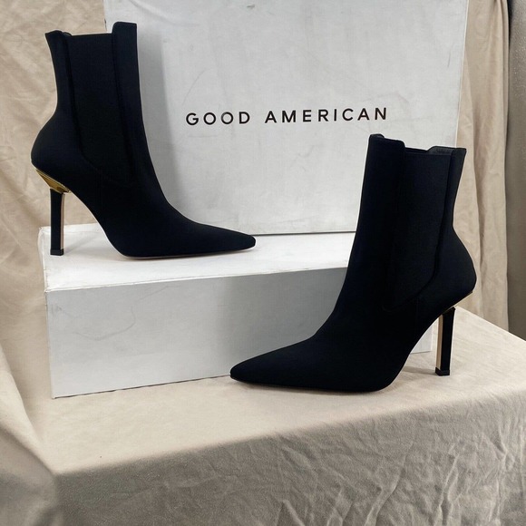 Good American High Kickstand Bootie Women's‎ 7 Black Stiletto Pointed Toe Gold - Picture 1 of 9